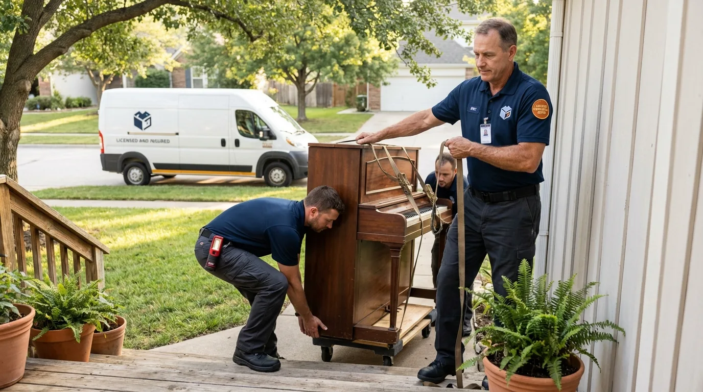 Licensed piano movers securing grand piano in Steeleville, IL