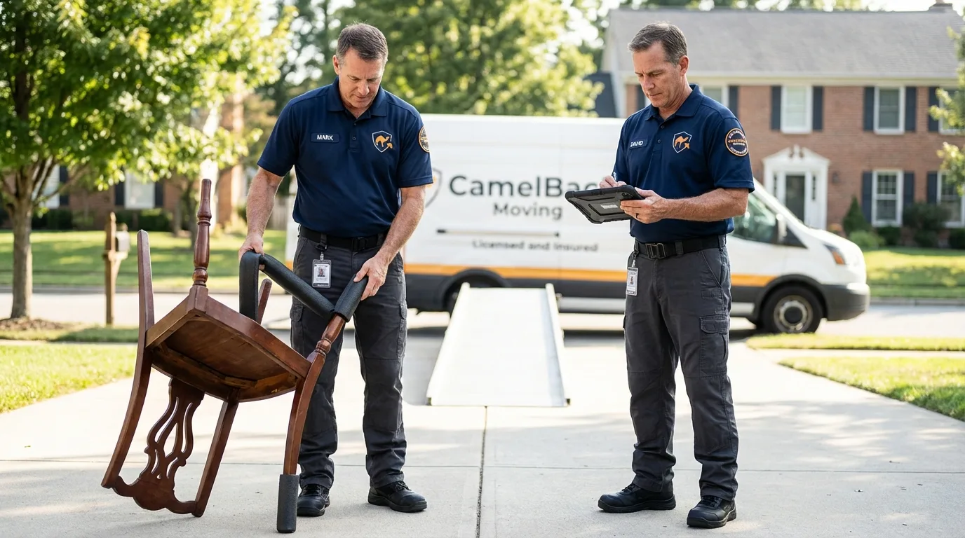 Movers inspecting furniture for damage prevention before loading in Steeleville, IL
