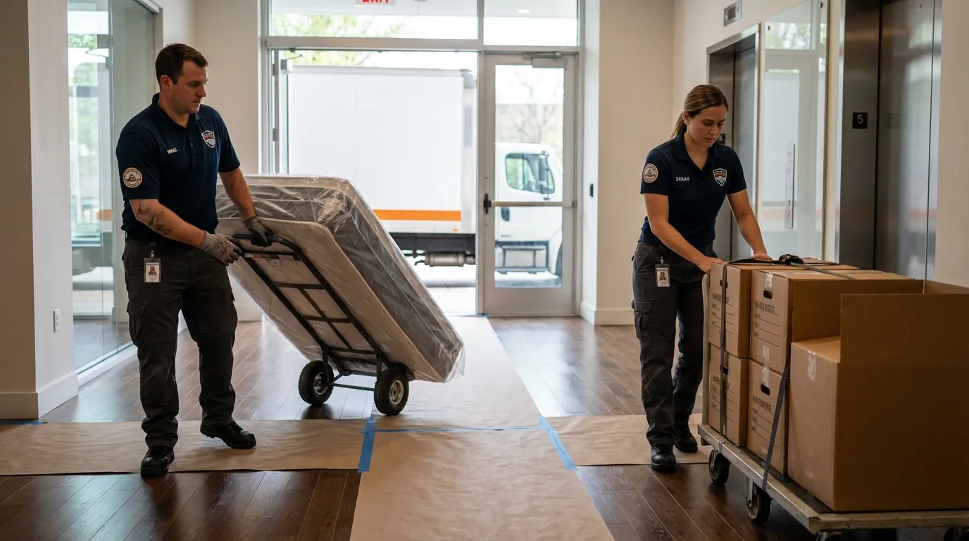 Professional apartment movers loading elevator in Steeleville, IL